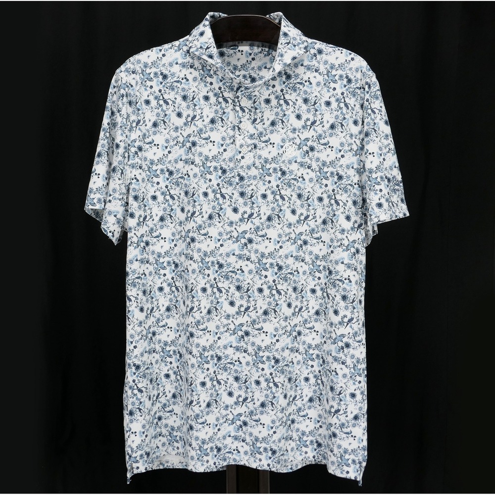 G/FORE Mens XL Floral Bird Print Golf Polo Ocean Club Performance Shirt Blue‎